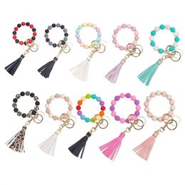 Silicone Bead Bracelet Keychain PU Tassel Keychain Bracelet Pendant Keyring by Ocean-shipping P173