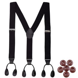 Vintage Suspenders for Men 35cm Width Button End Black Leather Trimmed Y Back Adjustable Elastic Trouser Braces Strap Belt245L