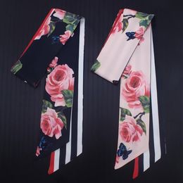 Scarves 7cm 2022 Design Skinny Women Tie Rose Flower Print Silk Scarf Fashion Belt Brand Handbag Small Long ScarvesScarves241w