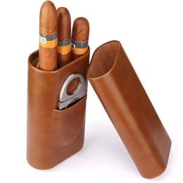 1pc Cigar Box, High Quality 3-Finger Humidors Portable Cigar Box, Brown Cigar Leather Case With Cigar Cutter, Smoking Accessaries