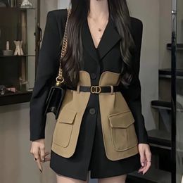 Women's Suits Blazers Original Design Blazer Women Fashion Loose Spliced Pocket Korean Shrug Notched Single Breasted Blazer Mujer Femal with Belt 231208