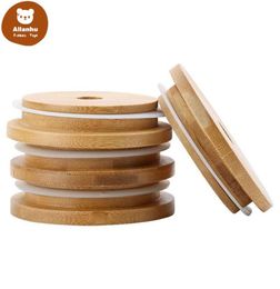 Bamboo Cap Lids 70mm 88mm Reusable Bamboo Mason Jar Lids with Straw Hole and Silicone Seal7231477