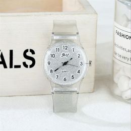 JHlF Brand Korean Fashion Promotion Quartz Ladies Watches Casual Personality Student Womens Watch White Transparent Plastic Band G262R