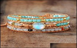 Charm Bracelets Jewellery Women Natural Opal Stone 3 Rows Leather Wrap Bracelet Fancy Femme Boho2996704