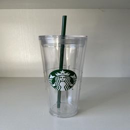 24OZ Starbucks Mermaid mug Tumblers transparent double-layer plastic Reusable cup with lid and straw288k