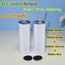 US warehouse 20oz Skinny straight Sublimation Tumblers 25pcs per carton Clear & Metal Straws Rubber bottoms Stainless Steel Double297G