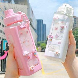 Kawaii Bear Pastel Water Bottle With 3D Sticker 700ml 900ml Plastic Travel Tea Juice Milk Portable Cute Shaker Drink Bottle Gift Y316n