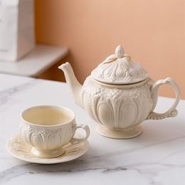 Milky Embossed Ceramic Pot Coffee Cup Saucer Creative European Afternoon Tea Teapot Teacup Simple White Porcelain213W