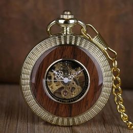 Pocket Watches Top Brand Solid Wood Mechanical Pocket Watches FOB Chain Hollow Steampunk Pocket Watches Skeleton Mens Womens Male Clock 231208