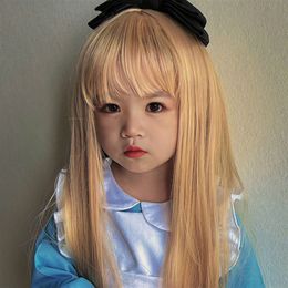 Children's Wig Girl Beige Cute Long Hair with Bangs Princess Hairstyle, Photo Taking, Fake Fur Headband