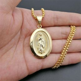 Virgin Mary Pendant Necklace for Women Girls 14k Yellow Gold Our Lady Jewelry Colar Madonna Trendy Chain