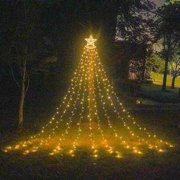 Strings LED Five-pointed Star Waterfall Light Christmas Hanging Tree Water Garden Remote Control Solar243a