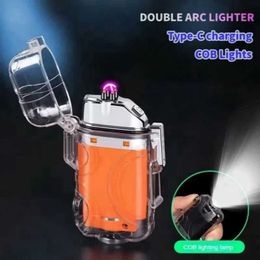 New Transparent Case Windproof Waterproof Impulse Double Arc Lighter with Light USB Type C Fast Charging Creative Tools