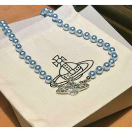 Designer Viviene Westwoods Viviennewestwood Empress Dowager Vivians New Blue Saturn Necklace Bracelet Womens Classic Planet Pearl Collar Chain High Edi