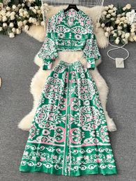 Two Piece Dress 2024 Fashion Green Blue And White Porcelain Two Piece Set Women's Notched Collar Shirt Short Top+Single-Breasted Long Skirt Suit