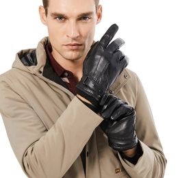 Männer Echtes Schaffell Leder Handschuhe Herbst Winter Warm Touch Screen Volle Finger Schwarz Handschuhe Hohe Qualität