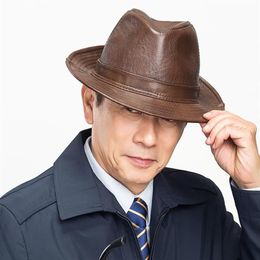 Berets Man High Quality Genuine Leather Cowhide Fedora Gentleman Cow Skin Short Brim Black Brown Top Hat Male ShowsBerets286m