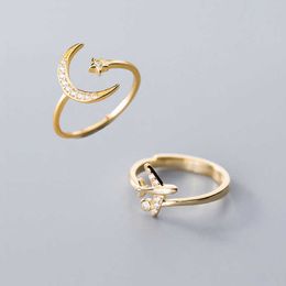 925 Sterling Silver Ring CZ Moon Star Ring 18k Gold Plated Rose Gold Plated Plane Butterfly Rings Adjustable For Women Girls