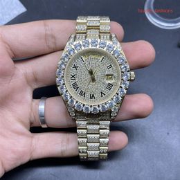 Popular Prong Set Men's Diamond Watch Size 43mm Gold Diamond Face Gold Stainless Steel Strap Watch Automatic Mechanical Wrist2753