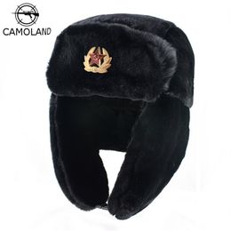 CAMOLAND Soviet Trapper Trooper Hat Mens Army Military Russian Ushanka Bomber Hat Winter Warm Caps Pilot Faux Rabbit Fur Earflap T239d