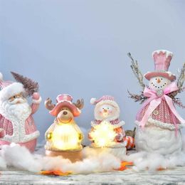 Pink Christmas Snowman Santa Claus Figurine With LED Holiday Lights Xmas Decoration 2022 New Year's Decor Home Room Ornament 255a