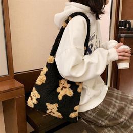 School Bags Women's Girls Fluffy Shoulder Bag Cute Bear Print Top-handle Female Autumn Winter Handbag Plush Tote Fashion Shop264D