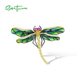 Pins Brooches SANTUZZA Pure 925 Sterling Silver Brooch For Women Sparkling White CZ Created Ruby Green Enamel Dragonfly Lovely Fine Jewelry 231208