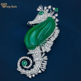 Pins Brooches Wong Rain Vintage 100% 925 Sterling Sliver 15*30 MM Emerald High Carbon Diamond Gemstone Seahorse Brooch Brooches Fine Jewellery 231208