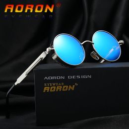 Sports Polarized Men's Sunglasses AORON Gothic Steampunk Mirrored Round Circle spectacles Retro UV400 Glasses Vintage with Br326n