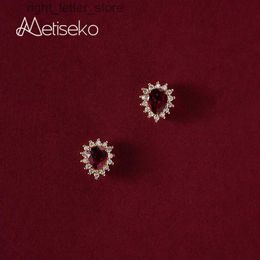 Stud Metiseko 925 Sterling Silver Ruby Garnet Color Stud Earrings Plated 18K Gold Waterdrop Shape Earrings for Women Party Engagement YQ231211