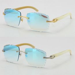 Rimless diamond cut 3524012-A White Genuine Original Buffalo Horn Sunglasses Fashion High Quality Carved lenses Multi Glasses Unis2382