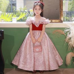 Princess Shiny Pink Flower Dresses Vintage Long Sheer Crew Neck Appliques Ruched Tulle Cute Girl Formal Party Gowns Pageant Wears First Holy Communion Dress 403