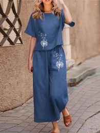 Women's Two Piece Pants Summer Solid Colour Short Sleeved For Suit Fashion Print Simple Casual Loose Nine Point Female 2 Set
