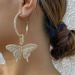 Dangle Earrings 2023 Trend Super Flash Full Rhinestone Big Butterfly Hoop For Women Fashion Jewellery Aesthetic Female Pendant