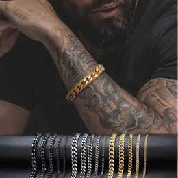 3mm-11mm Mens 14K Gold Plated Bracelet Women Cuban Link Chains Stainless Steel Curb Silver Black Color Wrist Bracelets2788