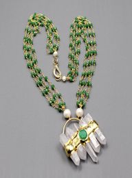 GuaiGuai Jewelry 4 Strands White Pearl Green Crystal Chain Bezel Set Chain Statement Clear Quartz Jades Pendant Necklace9166055