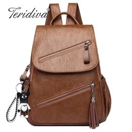 Vintage Tassels Backpack Women Retro PU Leather Rucksack Big Capacity School Bag For Teenager Girl Travel Bolsas Y2012242582