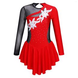 Stage Wear 4-14Y Kids Ballet Dance Tutu Girls Figure Skating Dress Rhythmic Gymnastics Leotard Long Sleeve Shiny Rhinestone Dancewear