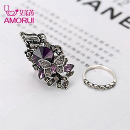 AMORUI Vintage Jewellery rings Antique Silver Colour Blue Purple Crystal Flower Butterfly Finger Ring For Women Wedding Set Rings281n