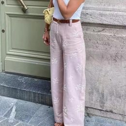 Women's Pants Pant Pink Linen Trousers Embroidery High Waist Ins Summer Ladies Casual Loose Pantalones Femme 2023