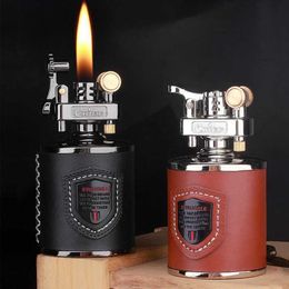 Classic Retro Belt Leather Candlestick Kerosene Lighter Metal Engraved Grinding Wheel Windproof Ornament Men's Cigarette Gift