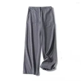 Women's Pants 2024 Commuting Style Blended Flannel Straight Trousers Autumn Gray Elastic Waist