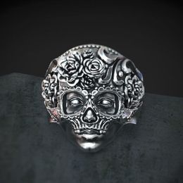 Unique 316L Stainless Steel Heavy Sugar Skull Ring Mens Mandala Flower Santa Muerte Biker Jewelry Size 7 - 14287B