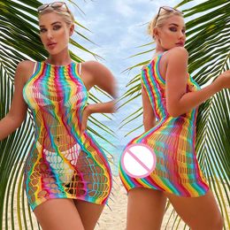 Women Sexy Fishnet Rainbow Bodycon Erotic Mesh Hollow Out See Through Beach Wear Underwear Outfits Mini Bodysuit Dress sexy