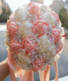 Coral Pink Ivory Champagne Satin Rose Bouquet Stitch Bouquets Ribbon Wedding Bridal Bouquet Flowers Colour Option5450841