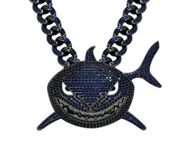Cool Mens Hip Hop Necklace Gold Plated Ice Out Bling Blue CZ Shark Pendant with CZ Cuban Chain for Men Punk Jewellery Gift2347649