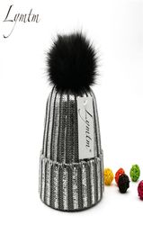 Winter Silver Bronzing Snap Fastener Pompom Knitted Beanies Hat Women Faux Fur Pompon Warm Ski Skullies Beanie High Quality S181201180726