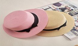 Lady Boater sun hat Ribbon Round Flat Top Straw Fedora Panama Hat summer caps for women straw hat women039s hats gorras6201336