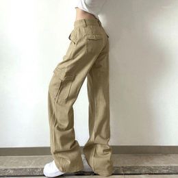 Women's Jeans Cargo Retro Fashion Big Pockets Straight Loose Wide Leg Denim Pants Khaki Casual Y2K Baggy Trousers