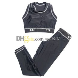 Women Yoga Vest Sexy Cropped t Shirt Elastic Waist Sport Pants Letters Webbing Tracksuit Casual Style Sportwear